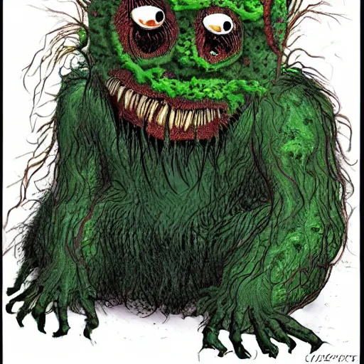 Prompt: a very strange creature made of cronenberg schmutz and drips, mucus, hairy, skin parts, fuzzy disgusting teeth, saliva nasty