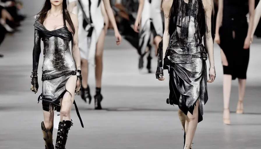 Image similar to alexander mcqueen in the style of rick owens, runway show, fashion photoshoot,