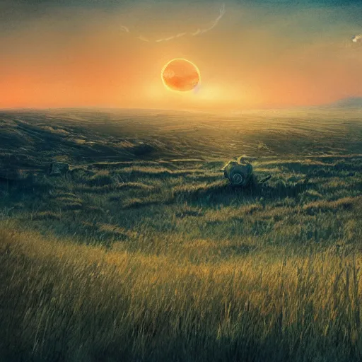 Prompt: on grassland, sunset, very wide view, atmospheric, hyper realistic, photography, 8k, epic composition, award winning, cinematic, unreal engine, artstation, watercolor , Watercolor