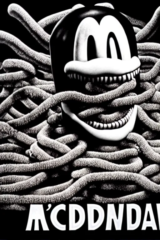 Prompt: mcdonald's horror retro tv advertisement poster, nightmare, big burger surrounded by worms, black and white, ultra realistic, 4 k, digital art, cinematic style of david kronenberg