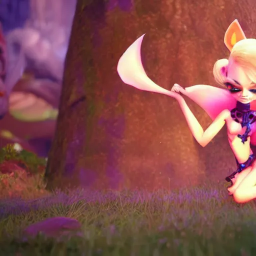 Image similar to cute female demon pixie art by Lokman Lam, Chris Sanders, Paul Deasy, cinematic dynamic lighting unreal engine 5