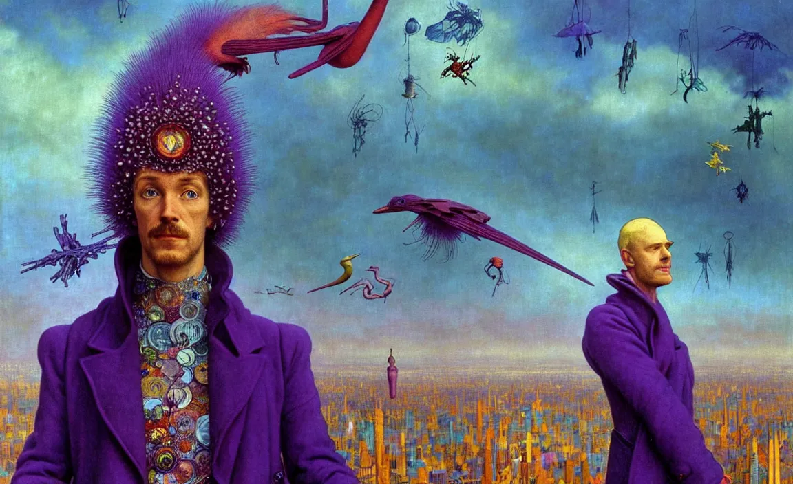 Image similar to realistic detailed portrait movie shot of a birdman wearing purple coat, sci fi city landscape background by denis villeneuve, amano, yves tanguy, alphonse mucha, ernst haeckel, max ernst, roger dean, masterpiece, rich moody colours, blue eyes, occult