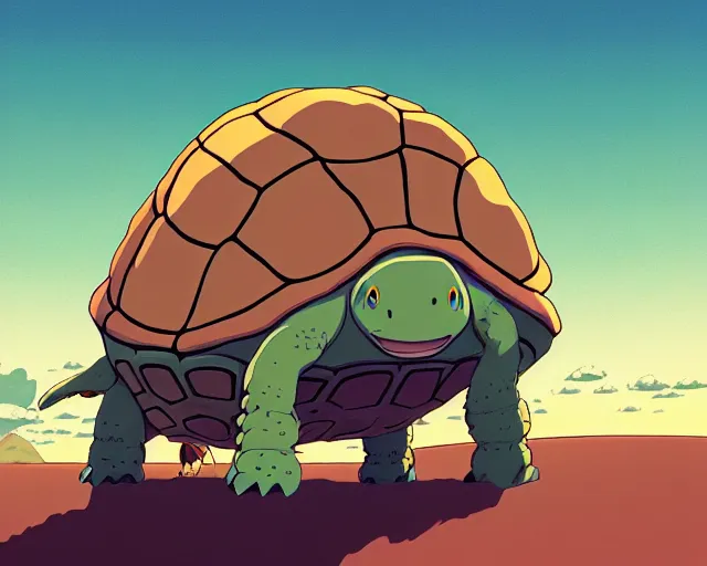 Image similar to a cell shaded cartoon giant turtle from howl's moving castle ( 2 0 0 4 ), on a desert road, illustration, wide shot, subtle colors, post grunge, concept art by josan gonzales and wlop, by james jean, victo ngai, highly detailed, sharp focus, trending on artstation, hq, deviantart, art by artgem