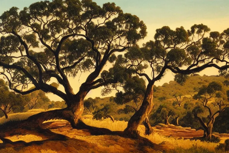 Image similar to masterpiece painting of oak trees on a hillside overlooking a creek, dramatic lighting, by albert namatjira