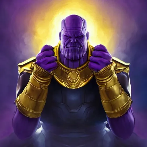 Image similar to thanos with the infinity gauntlet on a battlefield, artstation hall of fame gallery, editors choice, #1 digital painting of all time, most beautiful image ever created, emotionally evocative, greatest art ever made, lifetime achievement magnum opus masterpiece, the most amazing breathtaking image with the deepest message ever painted, a thing of beauty beyond imagination or words