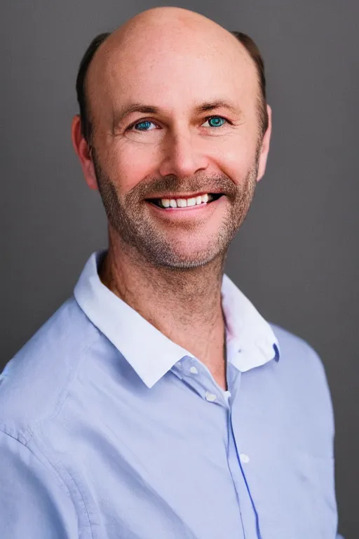 Image similar to full body color photograph of a balding, middle aged, brown haired, hairy, blue eyed, round faced, short white man dressed in a white shirt, smiling at the camera with perfect, straight white teeth