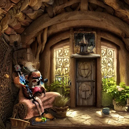 Image similar to a wise old troll inside a medieval hobbit house, ornate, beautiful, atmosphere, vibe, flowers, concept art illustration, color page, 4 k, tone mapping, doll, akihiko yoshida, james jean, andrei riabovitchev, marc simonetti, yoshitaka amano, digital illustration, greg rutowski, volumetric lighting, sunbeams, particles