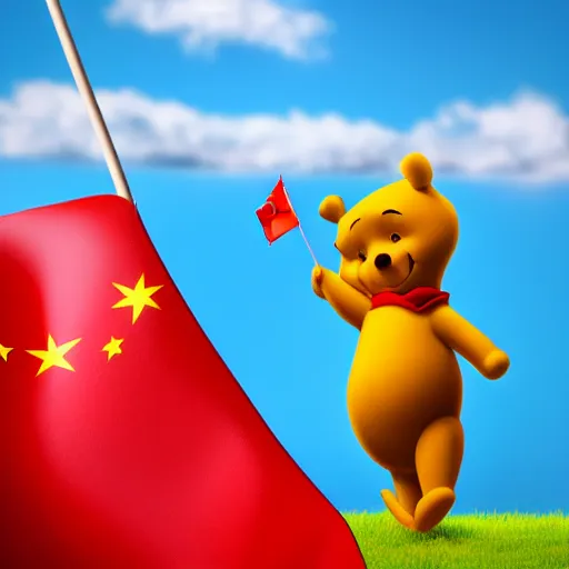 Image similar to photorealistic 3 d render of winnie the pooh saluting the chinese flag