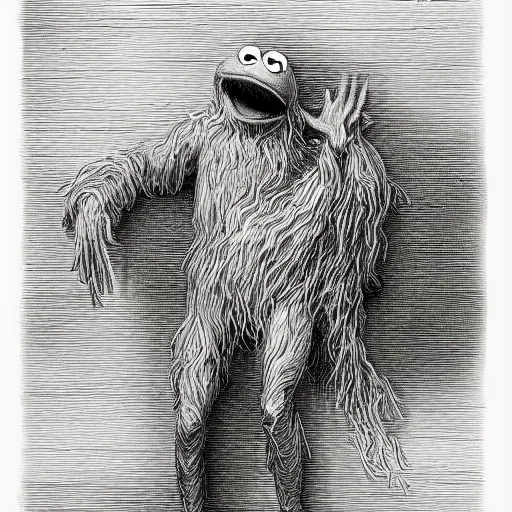 Prompt: full body grayscale drawing by Gustave Dore of Kermit the Frog, Sesame Street, swirling flames