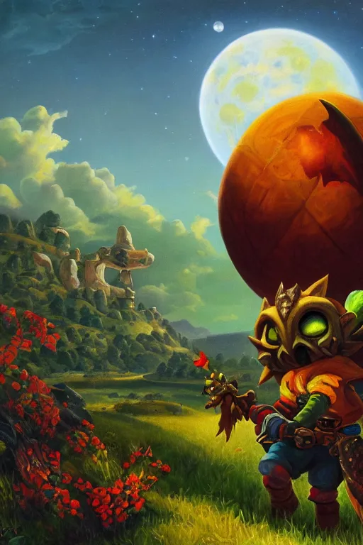 Prompt: asher brown durand oil painting on canvas hyrule skullkid in majoras mask with the moon in the sky