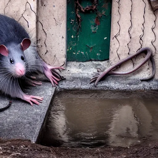 Image similar to 8 k uhd human rats, sewer, animals, bizzare, weird, endangered, highly details content