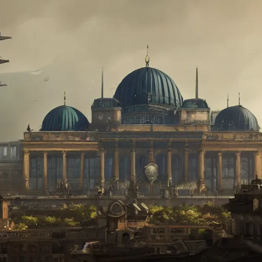 Prompt: panorama view of giant volkshalle building, berlin 1 9 4 5, matte painting by greg rutkowski, artstation