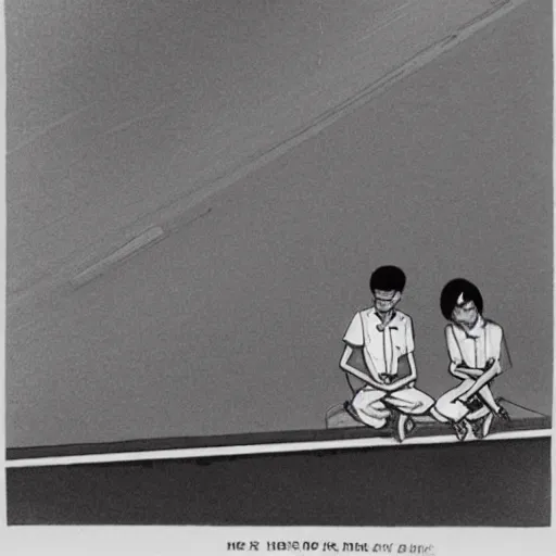 Prompt: art of two singaporean students in uniform sitting on the roof of a hdb flat, by moebius