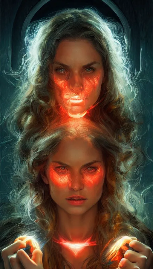 Prompt: furious gorgeous woman painted on a door, lord of the rings ,neon, fibonacci, sweaty, insane, intricate, highly detailed, digital painting, artstation, concept art, smooth, sharp focus, illustration, Unreal Engine 5, 8K, art by artgerm and greg rutkowski and alphonse mucha