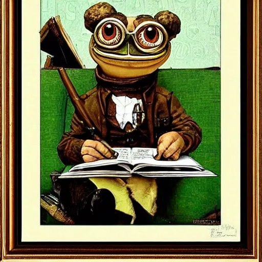 Prompt: pepe the frog reading war and peace by norman rockwell