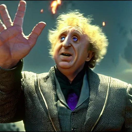 Image similar to film still, gene wilder as thanos in avengers end game, cinematic, epic action