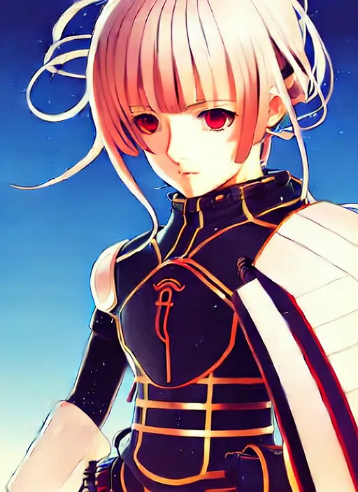 Image similar to ilya kuvshinov anime illustration knight girl in armor, last exile, murata range, fine detail, perfect anime face, dramatic lighting, dynamic composition, art deco, cel shading, vivid, rich texture, alphonse mucha, ( ( ( colorful ) ) ), yoshinari yoh