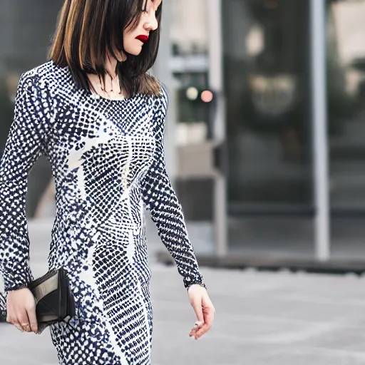 Image similar to woman wearing a cyber pattern dress