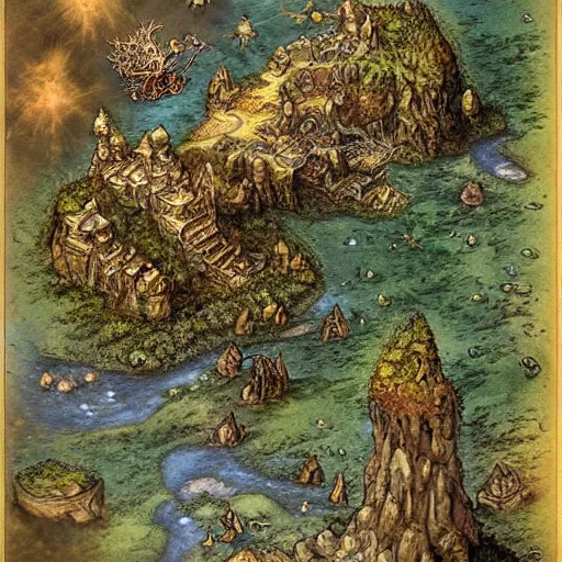 Prompt: an isometric fantasy map continent by brian froud