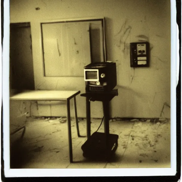 Prompt: found polaroid photo, flash, interior abandoned hospital, spongebob squarepants standing