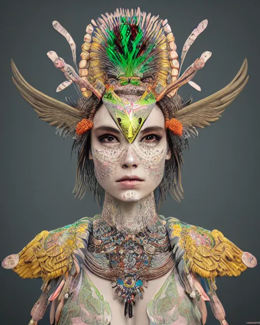 Image similar to 3 d warrior goddess medium shot portrait. beautiful hyperrealistic intricate highly detailed magpie helm and richly embroidered blouse, quetzalcoatl, bioluminescent, curious, kintsugi, plasma, lava, ice, feather, artwork by tooth wu and wlop and chiara bautista, octane 3 d render