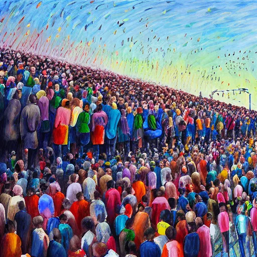 Prompt: a perspective painting of millions of people lined up to drop their art