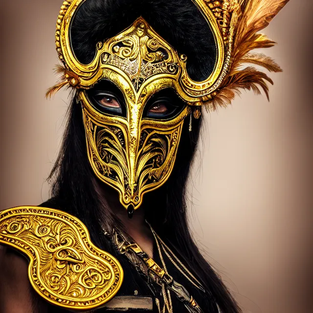 Prompt: female warrior with ornate venetian mask highly detailed, 4 k, hdr, close up, portrait, smooth, sharp focus, high resolution, award - winning photo