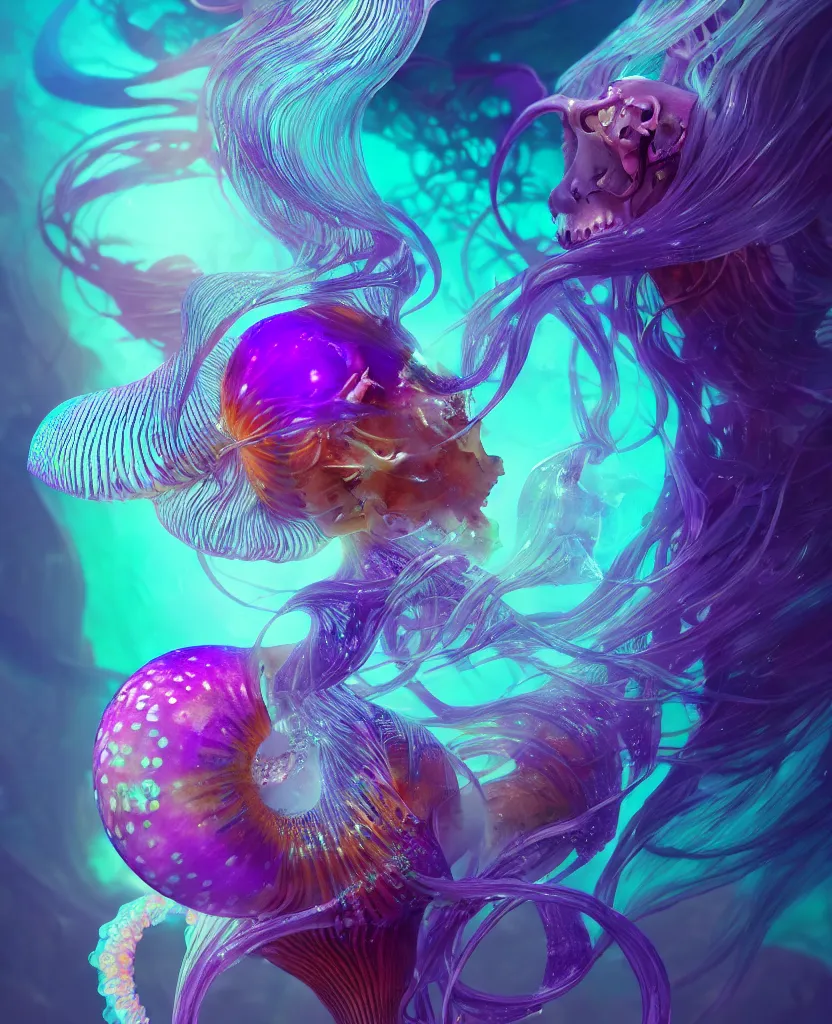 Image similar to goddess close-up portrait. dichroic orchid jellyfish phoenix head, nautilus, skull, betta fish, bioluminiscent creatures, intricate artwork by Tooth Wu and wlop and beeple. octane render, trending on artstation, greg rutkowski very coherent symmetrical artwork. cinematic, hyper realism, high detail, octane render, 8k