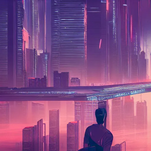 Image similar to a man standing on top of a bridge over a city, cyberpunk art by Vincent Lefevre, behance contest winner, altermodern, cityscape, synthwave, matte painting