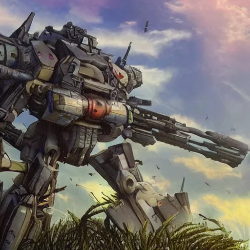 Image similar to a beautiful shot poweful spider - like battle mechas by shoji kawamori, tank turret with a big rail gun, two plasma phasers, mutliples rocket pods, machine gun, in a swamp battlefield, water, mud, reeds, dead trees, explosions, dust, beautiful natural light, golden hour, war photography, by annie leibowitz