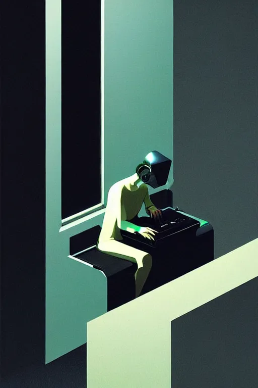 Image similar to the trashcan is actually a person, a hacker wearing oculus and digital glitch head edward hopper and james gilleard zdzislaw beksisnski higly detailed