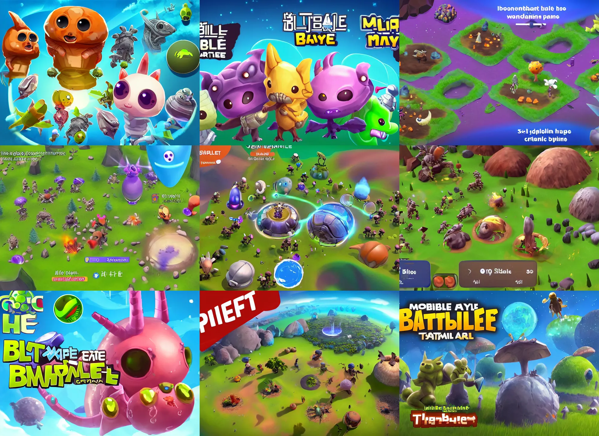 Prompt: mobile battle royale game about alien cute little animals that land on a planet with different biomes, craters, alien capsules, bushes in the visual style of Spore and Eternal Cylinder, world curvature, game overlay, hp mp stamina bars, 3rd person camera