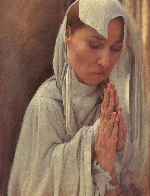 Image similar to peasant woman praying in a curch, polaroid photo bleached vintage pastel colors high - key lighting, soft lights, foggy, by steve hanks, by lisa yuskavage, by serov valentin, by tarkovsky, detailed, oil on canvas