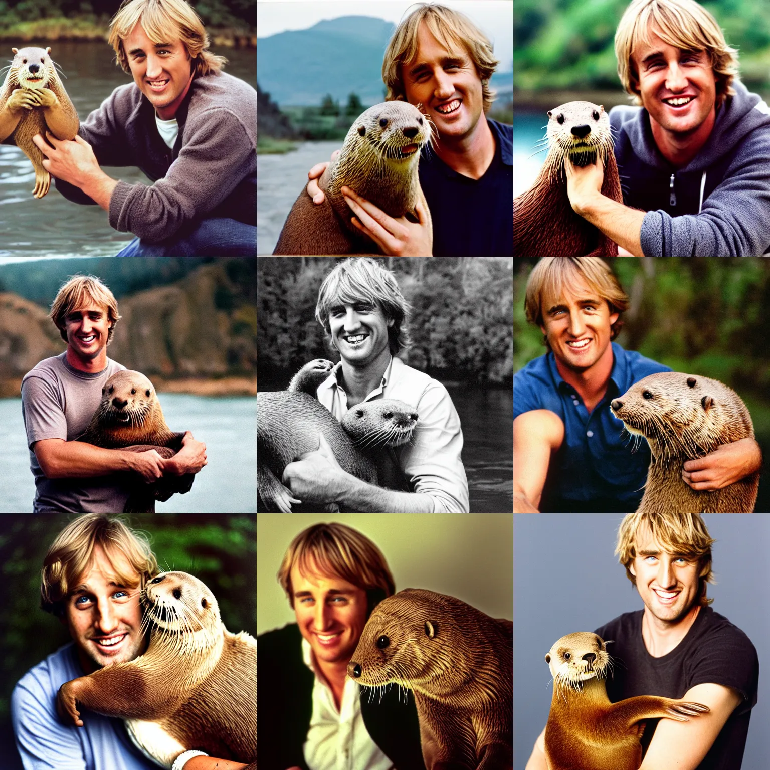 Prompt: photo of owen wilson smiling and holding a river otter, studio quality, annie leibovitz, 3 5 mm lens