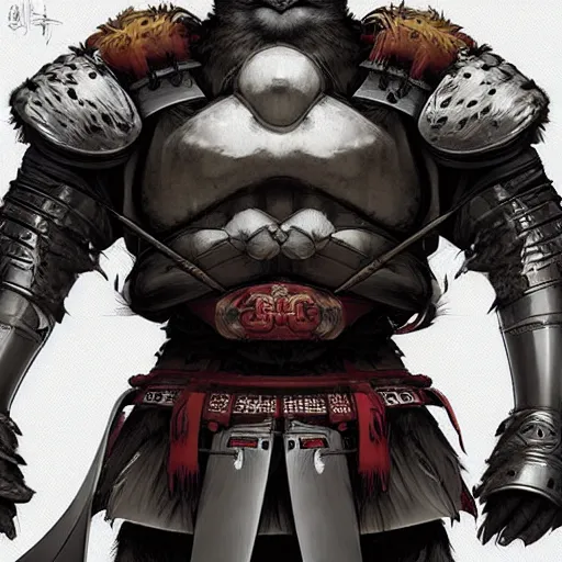 Prompt: graphic, hyperreal illustration of anthropomorphic sloth in traditional samurai armor : : digital art, concept art, character development : : illustrated by artgerm, yoji shinkawa, scott buoncristiano, nychos