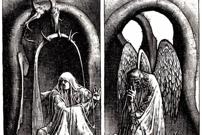 Prompt: fallen angel begs to enter the gates of hell by les edwards and much a and moebius and hieronymus bosch