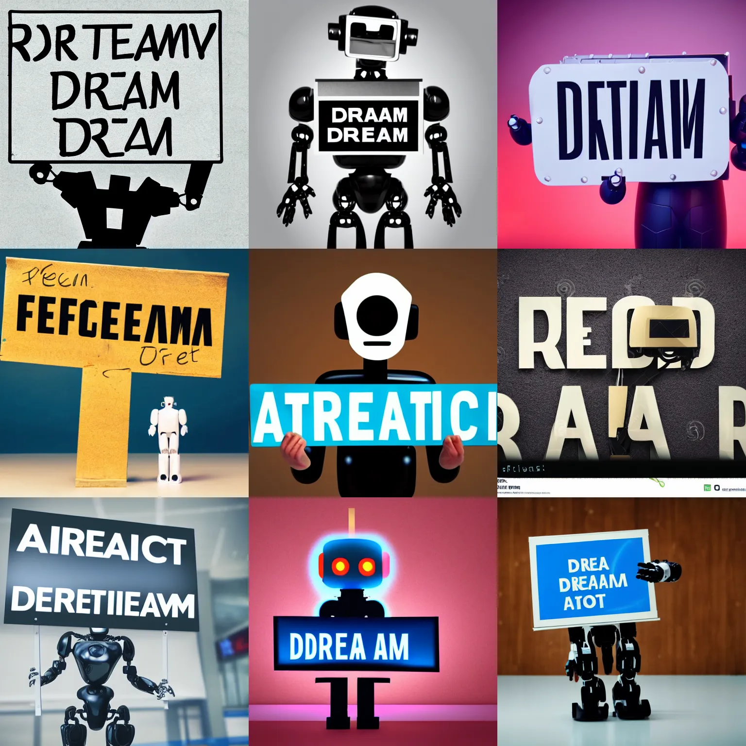 Image similar to artificial intelligence robot holding a sign with text that reads : dream