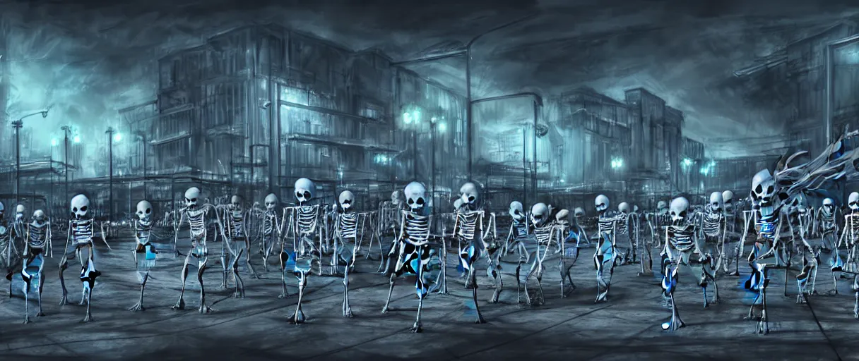 Image similar to hyperrealistic skeleton army mall in background ute osterwald jason limon concept art dramatic blue lighting wide angle hd 8k sharp shallow depth of field