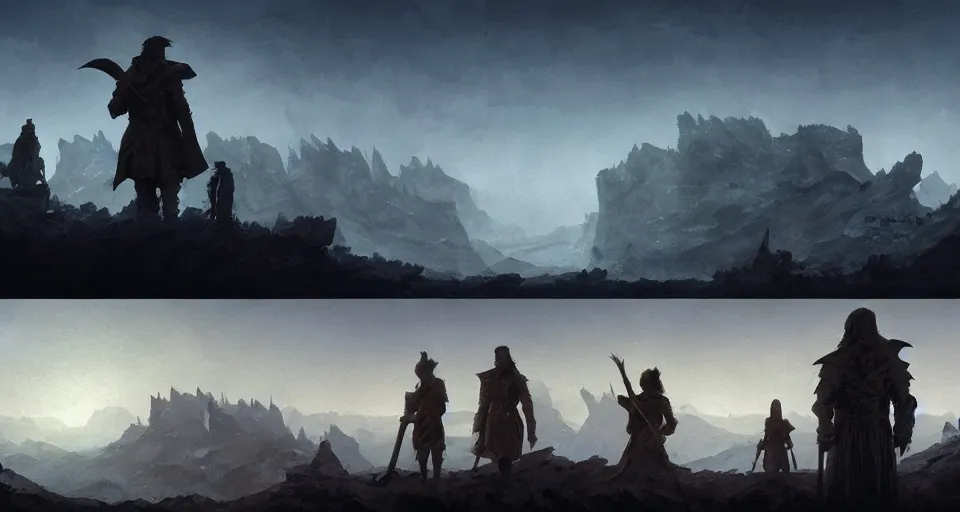 Image similar to Group of four adventurer as silhouettes, Scenic view at night, underexposed, clean horizon, matte painting by craig mullins and dan mumford, dark fantasy, style of game of thrones, concept art trending on artstation, 4k, insane details