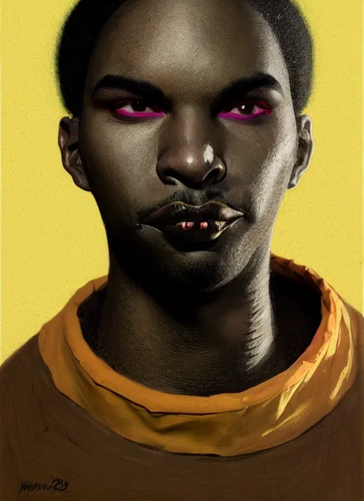 Prompt: portrait of a wide faced black man with a crooked nose and a confident expression, 1 9 6 0 s, black clothes, goth, punk, brightly coloured hair, funk, intricate, elegant, highly detailed, digital painting, artstation, concept art, smooth, sharp focus, illustration, art by wlop, mars ravelo and greg rutkowski