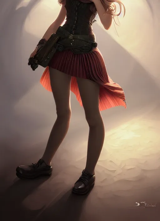 Image similar to portrait of a full body of beautiful young female detective, d & d, sleeveless turtleneck, pleated skirt, fantasy, flat lighting, intricate, highly detailed, digital painting, artstation, concept art, smooth, sharp focus, illustration, misa amane, art by simon bisley and greg rutkowski and alphonse mucha, natural tpose