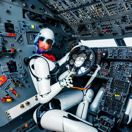 Prompt: hd photo of completely synthetic robot fighter pilot bot as elegant electromechanical girl with many shiny mechanical parts and patterns piloting. scene = in a fighter jet cockpit. wide angle. background : air combat