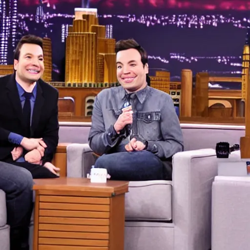 Prompt: Jimmy Fallon tonight show with the special guest start of Ranch bottle