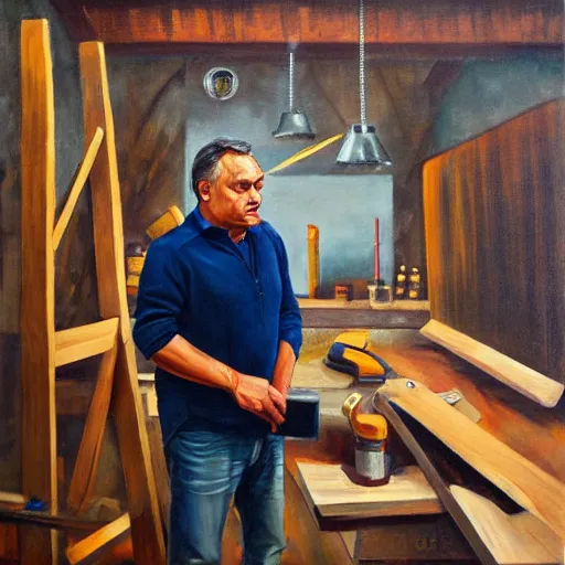 Image similar to viktor orban in a wood workshop, oil painting