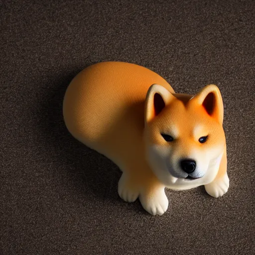 Image similar to a delicious steamed bun in the shape of a shiba inu. studio lighting, high resolution, high quality, dark background