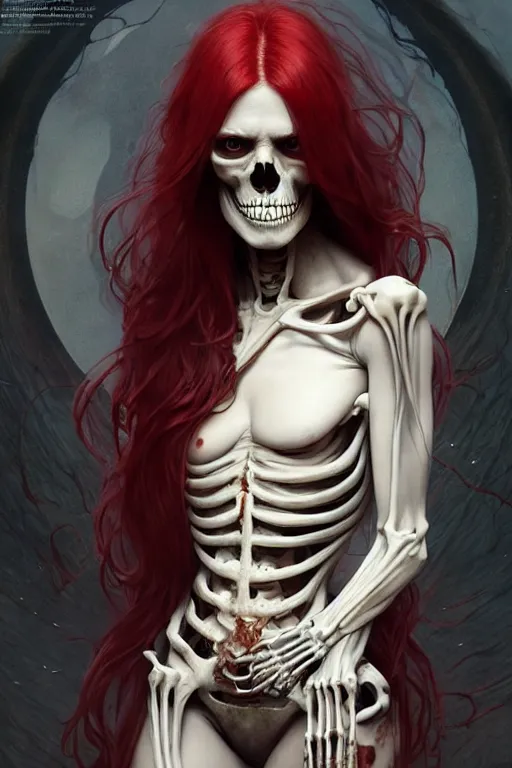 Image similar to pale woman with skeleton body covered with blood, long red hair, pretty face, ultra realistic, concept art, intricate details, highly detailed, photorealistic, octane render, 8 k, unreal engine. art by artgerm and greg rutkowski and alphonse mucha