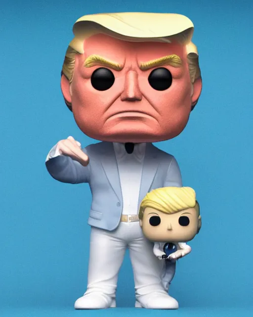 Image similar to full body 3d render of funko pop donald trump as a funko pop, studio lighting, white background, blender, trending on artstation, 8k, highly detailed