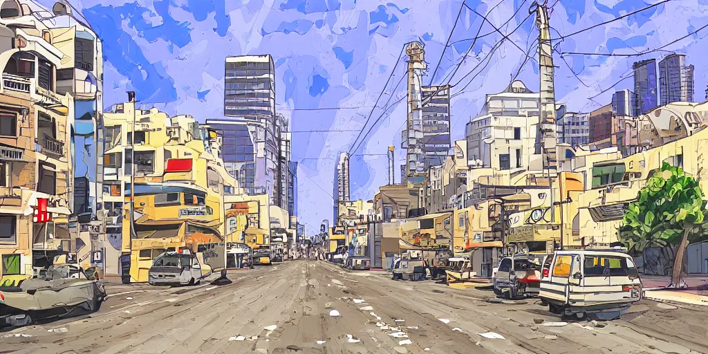 Prompt: tel aviv street from low level. optimistic. digital art. vector watercolor. highly detailed. drawing. art. gta v