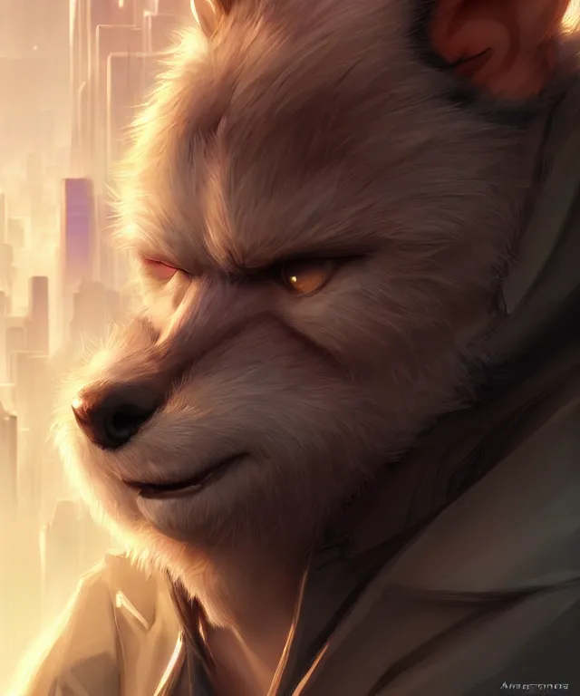 Prompt: male anthropomorphic furry | in cyberpunk city | cute - fine - face, pretty face, key visual, realistic shaded perfect face, fine details by stanley artgerm lau, wlop, rossdraws, james jean, andrei riabovitchev, marc simonetti, and sakimichan, trending on artstation