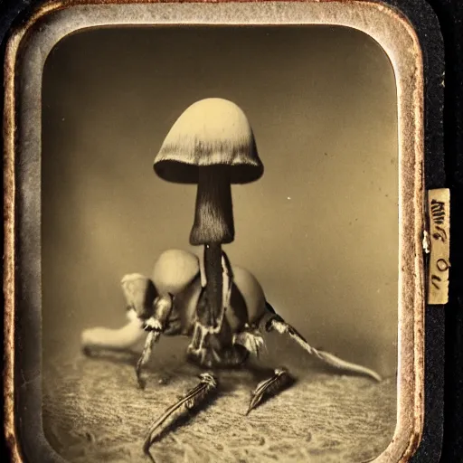 Prompt: Mushroom Temple Wizard with large magical spider legs by Ansel Adams Tintype 1800s